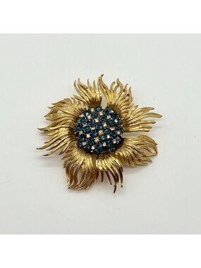 Vintage Corocraft SIGNED Gold Blue Rhinestone Sunflower Brooch Pin